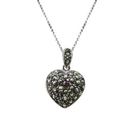 Heart Charm Locket Marcasite and Crystal Sterling Silver Pendant Necklace, 18 Inch