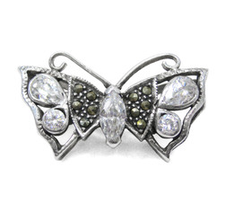Sparkling Butterfly Marcasite Sterling Silver Brooch Pin, Clear