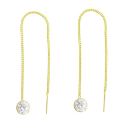 Gold Plated Sterling Silver Round Crystal Ear Thread 4.25 Inch Earrings, Clear