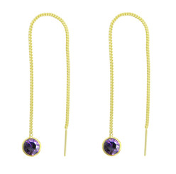 Gold Plated Sterling Silver Round Crystal Ear Thread 4.25 Inch Earrings, Purple