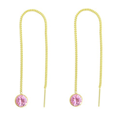 Gold Plated Sterling Silver Round Crystal Ear Thread 4.25 Inch Earrings, Pink