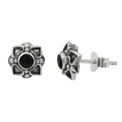 Sterling Silver Round Stone Four Corners Flower Post Stud Earrings, Onyx