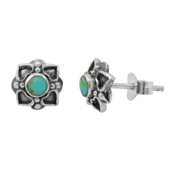 Sterling Silver Round Stone Four Corners Flower Post Stud Earrings, Turquoise