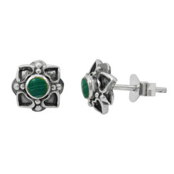 Sterling Silver Round Stone Four Corners Flower Post Stud Earrings, Malachite