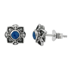 Sterling Silver Round Stone Four Corners Flower Post Stud Earrings, Denim Lapis