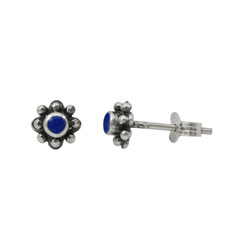 Sterling Silver Round Stone Flower Beaded Petals Post Stud Earrings, Lapis Lazuli