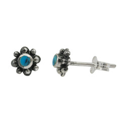 Sterling Silver Round Stone Flower Beaded Petals Post Stud Earrings, Turquoise