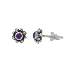 Sterling Silver Round Stone Flower Beaded Petals Post Stud Earrings, Sugilite