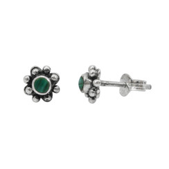 Sterling Silver Round Stone Flower Beaded Petals Post Stud Earrings, Malachite