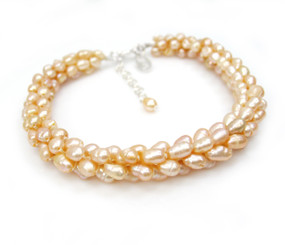 Sterling Silver Cultured Pearl Woven Beaded Adjustable Bracelet 7.25 - 8.25 Inch, Pink