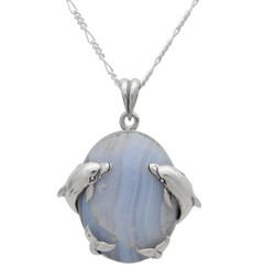 Sterling Silver Two Dolphins on the Sides Blue Lace Agate Pendant Necklace