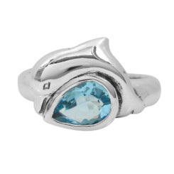 Sterling Silver Dolphin Teardrop Crystal Rings, Aqua
