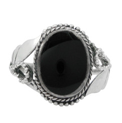 Sterling Silver Onyx Oval Stone Organic Leaf Ring