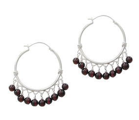 Sterling Silver Beaded 30 mm Hoop Earrings, 5 mm Garnet