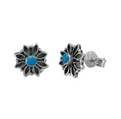 Sterling Silver Round Stone with Flower Frame Stud Post Earrings, Turquoise