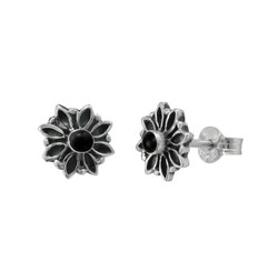 Sterling Silver Round Stone Flower Frame Stud Post Earrings, Onyx