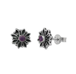Sterling Silver Round Stone Flower Frame Stud Post Earrings, Sugilite