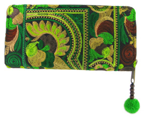 Floral Embroidery Zip Around Wallet, Green