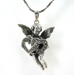 Sterling Silver Marcasite Cherub Double Hearts Pendant Necklace
