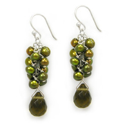 Sterling Silver Cultured Freshwater Pearl Cluster Crystal Teardrop Earrings, Smoky & Olive