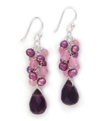 Sterling Silver Cultured Freshwater Pearl Cluster Crystal Teardrop Earrings, Purple Combo