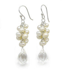 Sterling Silver Cultured Freshwater Pearl Cluster Crystal Teardrop Earrings, Clear