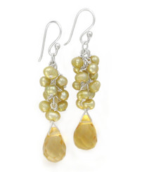 Sterling Silver Cultured Freshwater Pearl Cluster Crystal Teardrop Earrings, Yellow