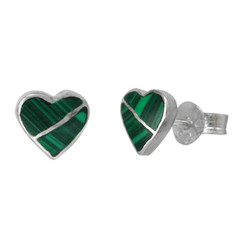 Sterling Silver Heart Section Stone Inlay Stud Post Earrings, Malachite
