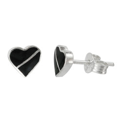 Sterling Silver Heart Section Stone Inlay Stud Post Earrings, Onyx