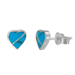 Sterling Silver Heart Section Stone Inlay Stud Post Earrings, Turquoise