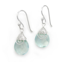 Briolette Stone Drop Coil and Spiral Wrapped Sterling Silver Earrings, Aqua
