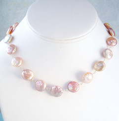 Cultured Coin Pearls Sterling Silver Link Necklace, Pink