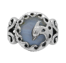 Sterling Silver Dophin Frame Blue Lace Agate Ring