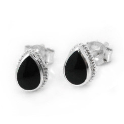 Sterling Silver Teardrop Stone Twist Frame Post Stud Earrings, Onyx