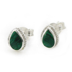 Sterling Silver Teardrop Stone Twist Frame Post Stud Earrings, Malachite