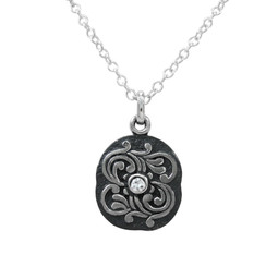Sterling Silver Antique Swirls and Center Crystal Stone Pendant Necklace