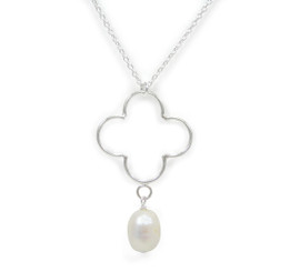 Open Flower Cultured Pearl Drop Pendant Adjustable Necklace