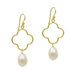 Gold Plated Sterling Silver Open Flower Cultured Pearl Drop Earrings