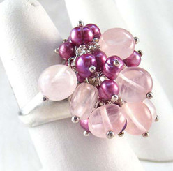 Sterling Silver Rose Quartz & Pearls Wire Wrapped Dome Ring