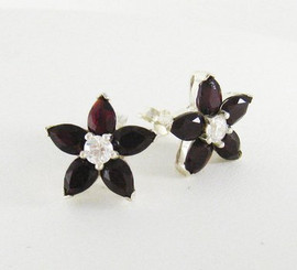 Sterling Silver Crystal Flower Post Earrings, Red