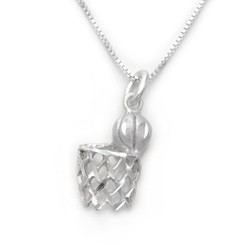 Sterling Silver Basketball and Hoop Net Etched Charm Necklace