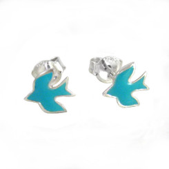 Sterling Silver Enameled Robin Egg Blue Swallow Bird Stud Post Earrings