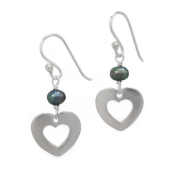 Sterling Silver Cultured Pearl Heart Charm Link Drop Earrings