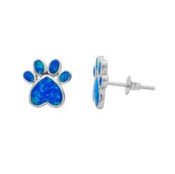 Sterling Silver Paw Print Stud Post Earrings, Created Blue Opal