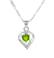 Sterling Silver Birth-Month Crystal Heart Necklace, August Green
