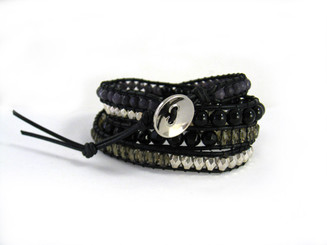 Leather and Mixed Stones 4-Wrap Adjustable Bracelet, 29 - 31" 