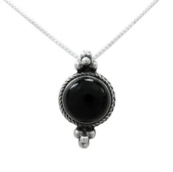 Sterling Silver Round Stone Bali Style Slider Pendant Necklace, Onyx