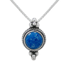 Sterling Silver Round Stone Bali Style Slider Pendant Necklace, Denim Lapis