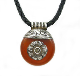 Sterling Silver Carnelian Flower Slider Woven Leather Necklace