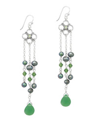 Sterling Silver Flower Charm Beaded Chain Tassel Drop Earrings, Green
